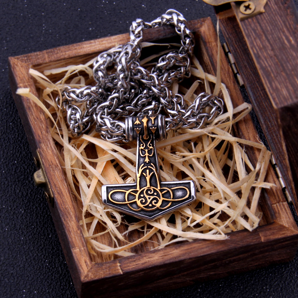 Thors Hammer Necklace - Golden Algiz Rune