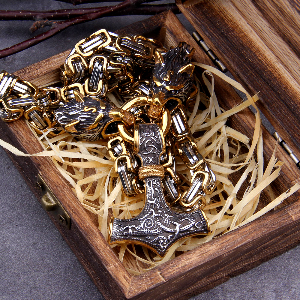 Gold Trimmed King's Chain Necklace With Wolves Holding Thor's Hammer Pendant