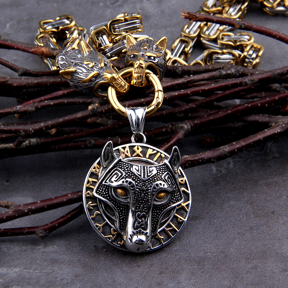 King's Chain Necklace With Wolves' Heads Holding Fenrir Medallion