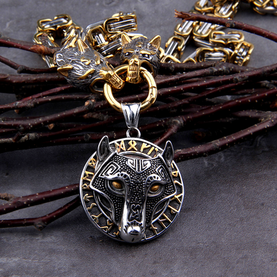 King's Chain Necklace With Wolves' Heads Holding Fenrir Medallion