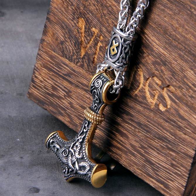 Thors Hammer Necklace - Golden Othala Rune