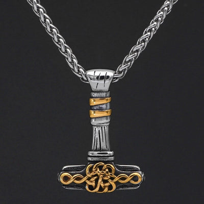Thors Hammer Necklace - Gold-trimmed Knotwork