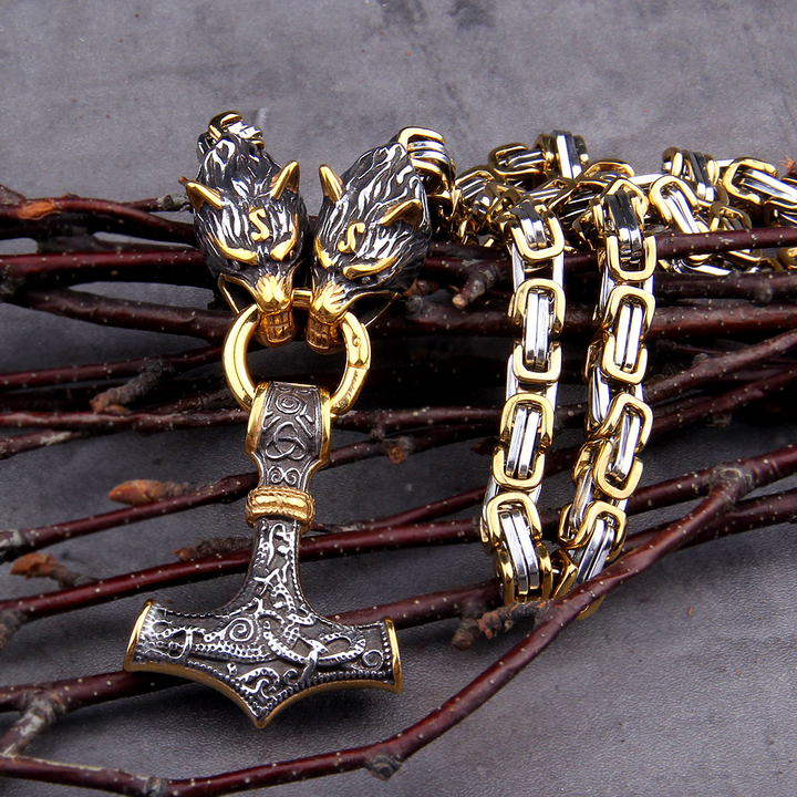 Gold Trimmed King's Chain Necklace With Wolves Holding Thor's Hammer Pendant