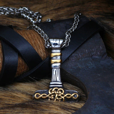 Thors Hammer Necklace - Gold-trimmed Knotwork