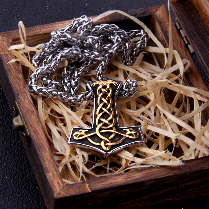 Thors Hammer Necklace - Golden Knotted Ravens