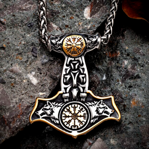 Thors Hammer Necklace - Golden Asgards Wolves