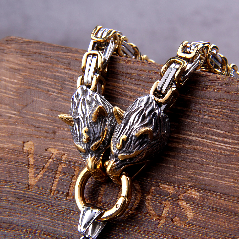 King's Chain Necklace With Wolves' Heads Holding Fenrir Medallion