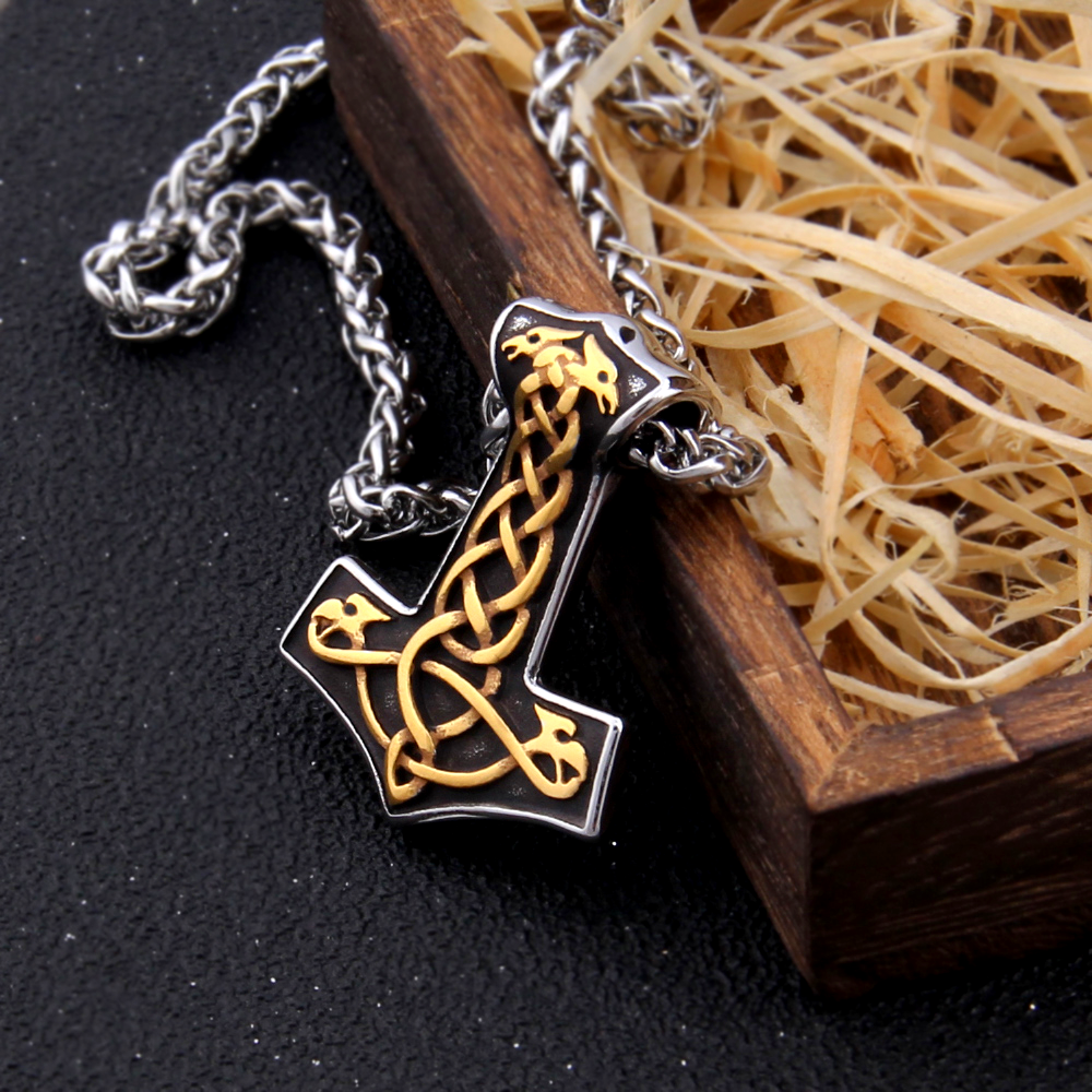 Thors Hammer Necklace - Golden Knotted Ravens