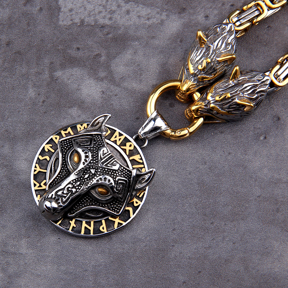 King's Chain Necklace With Wolves' Heads Holding Fenrir Medallion