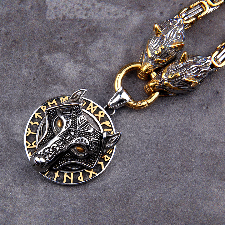 King's Chain Necklace With Wolves' Heads Holding Fenrir Medallion