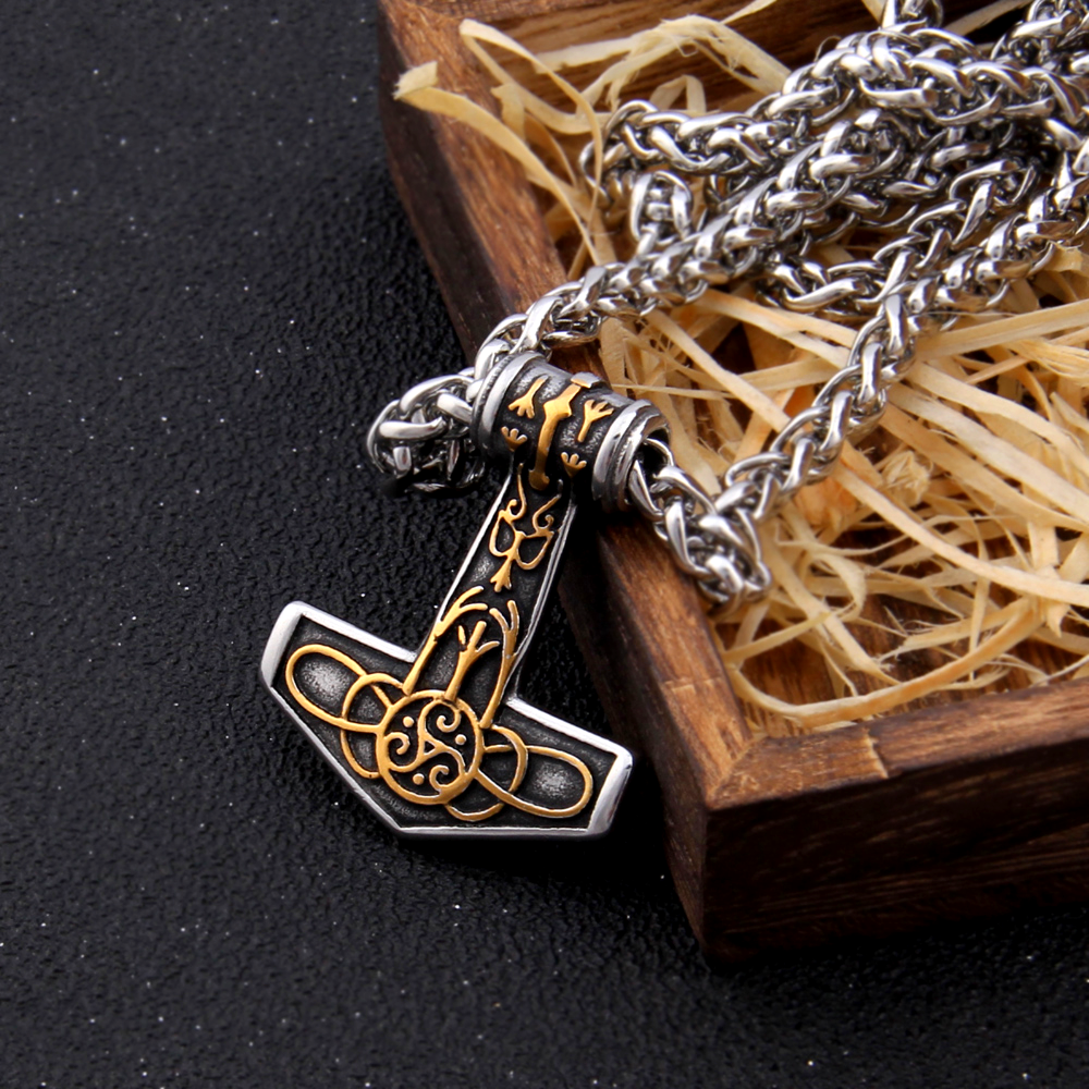 Thors Hammer Necklace - Golden Algiz Rune